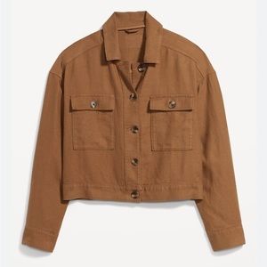 New Old Navy Linen-Blend Utility Jacket Cropped Whiskey Falconry XS Crop Twill